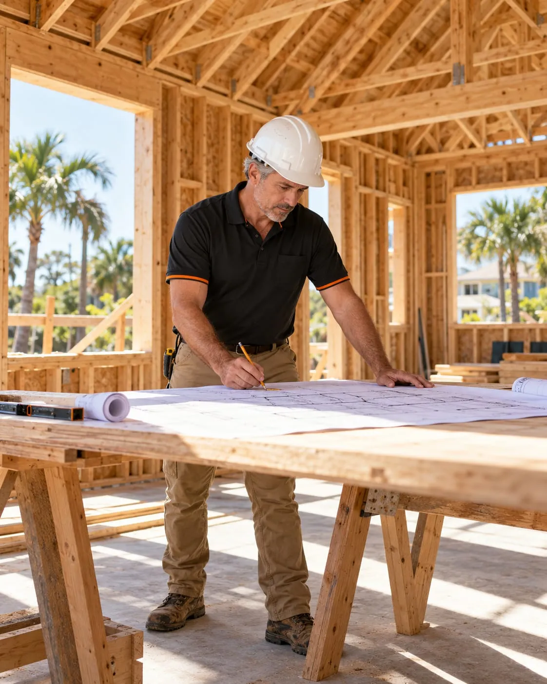 A general contractor reviewing plans at a residential jobsite.