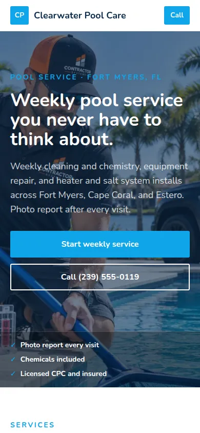 Clearwater Pool Care website, mobile