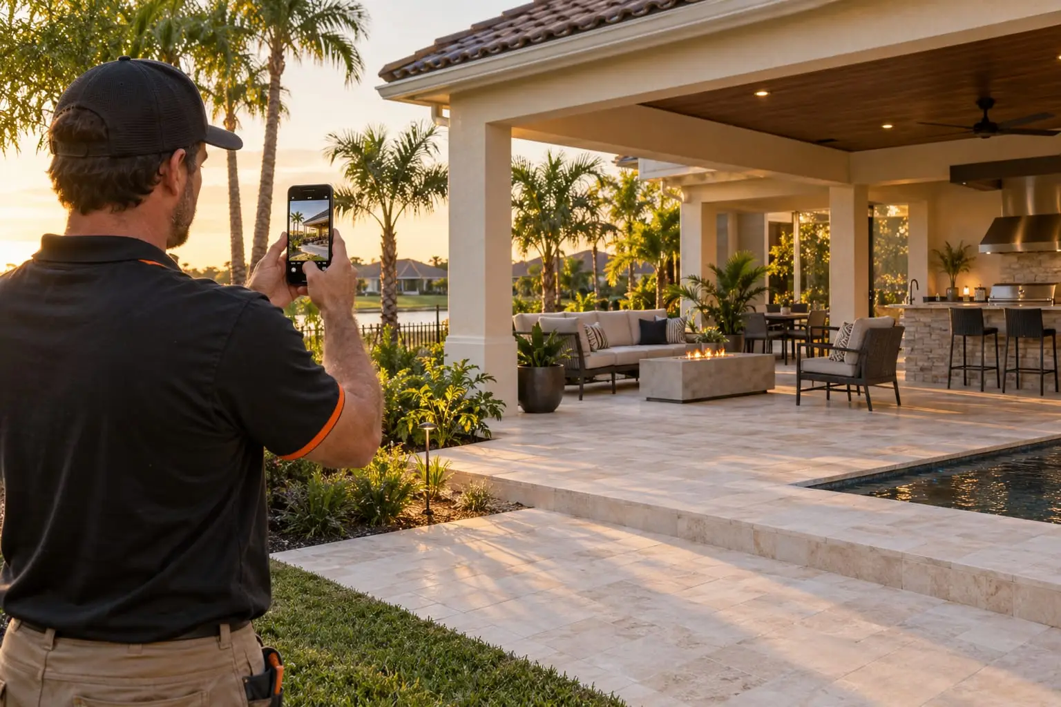 Contractor taking a phone photo of a finished outdoor kitchen and travertine patio at sunset