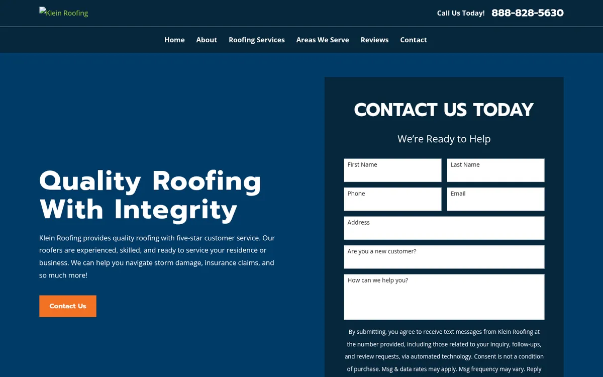 Klein Roofing's old website home page, archived July 12, 2026